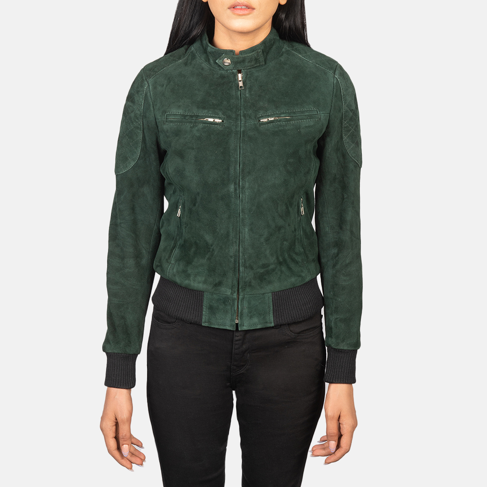 Womens Zenna Green Suede Bomber Jacket Close Front-5-1652192910348
